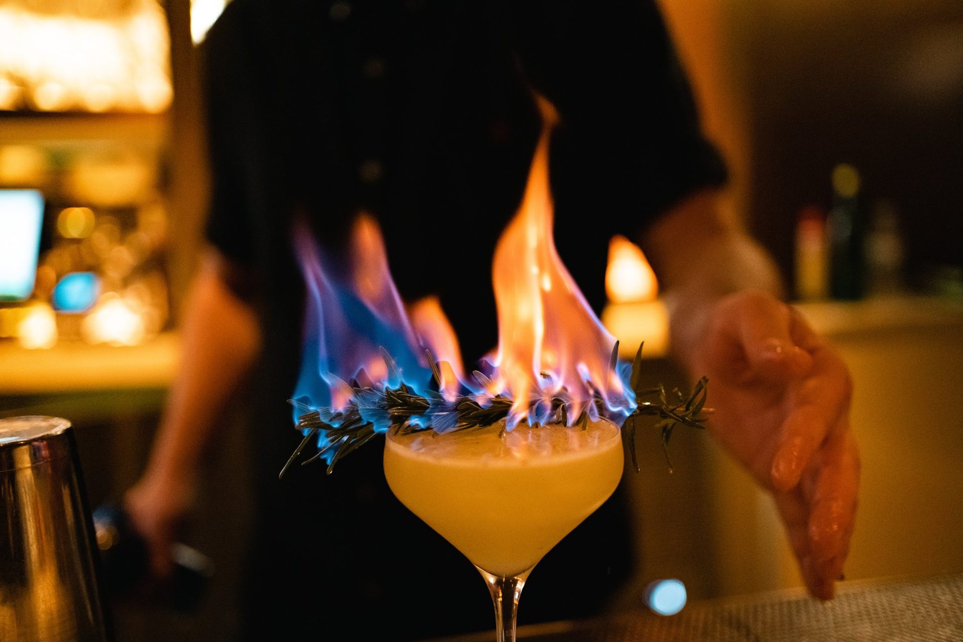 Flaming cocktail at the bar