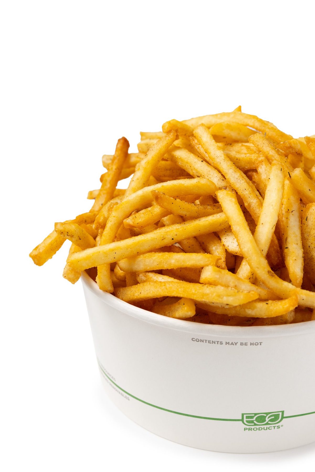 Seasoned fries in a paper bowl, white background