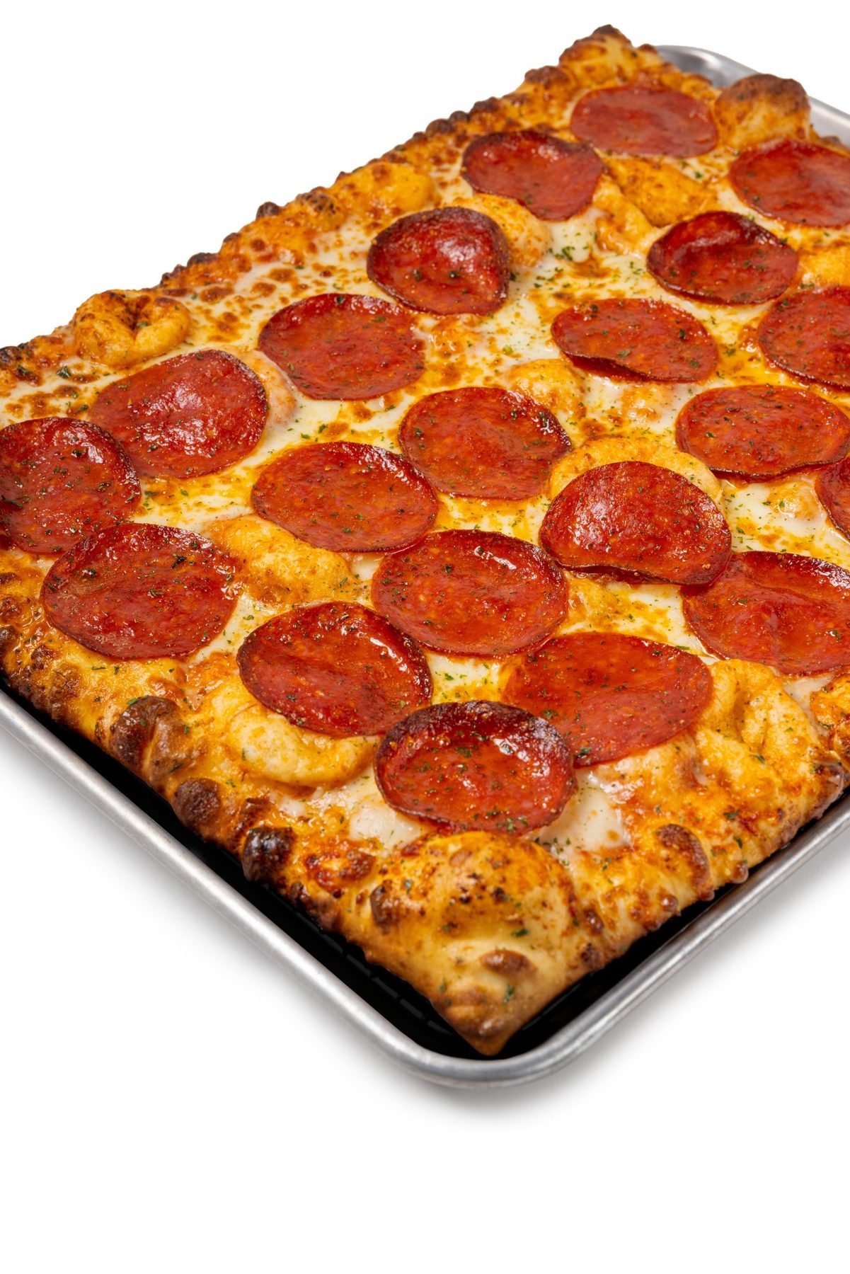 Square pepperoni pizza on a tray, white background
