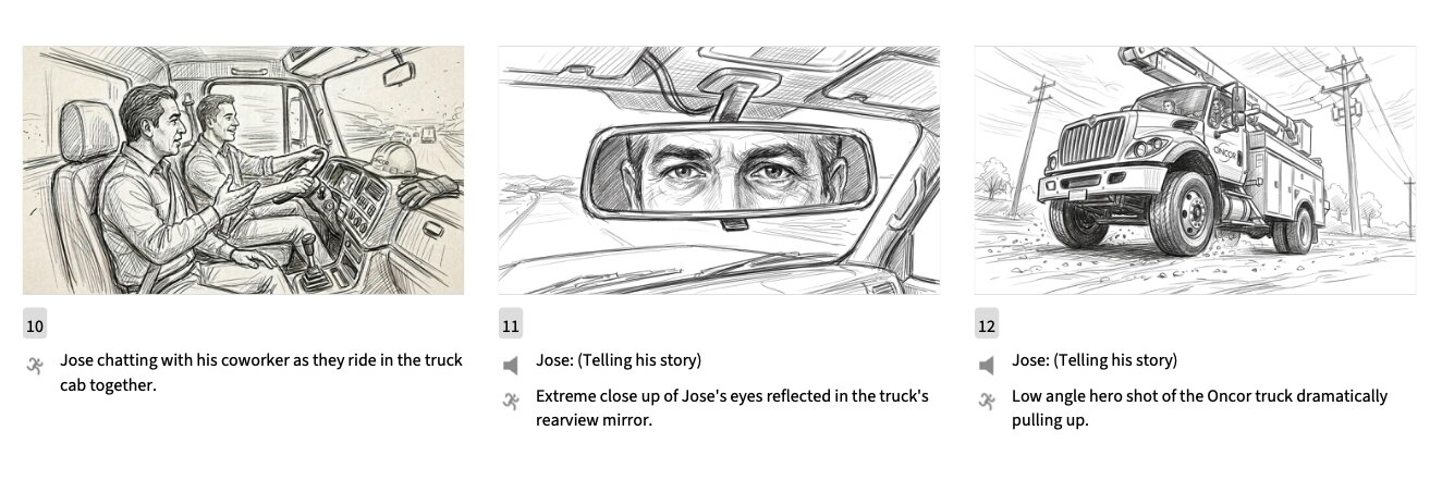 Storyboard sketches: riding along in the work truck, eyes in the rearview mirror, a low-angle hero shot of the Oncor truck