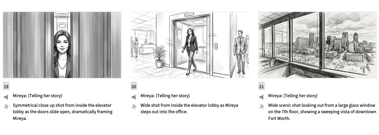 Storyboard sketches: elevator doors opening, walking out into the office lobby, a view of downtown Fort Worth from the window