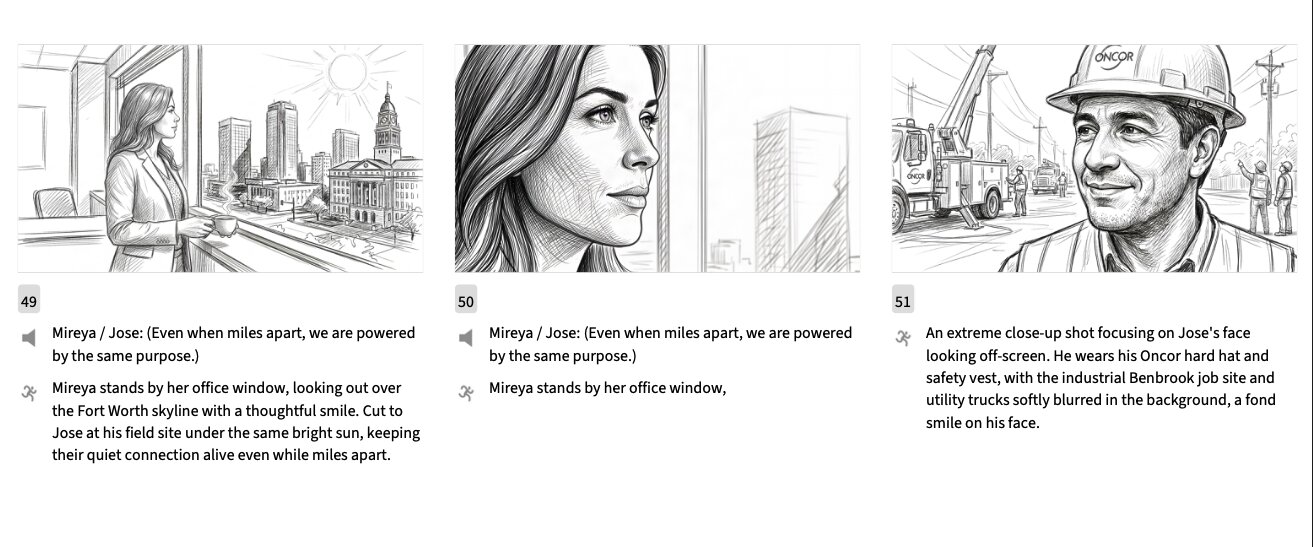 Storyboard sketches: looking out over the skyline, a close-up at the office window, a close-up in a hard hat on the job site