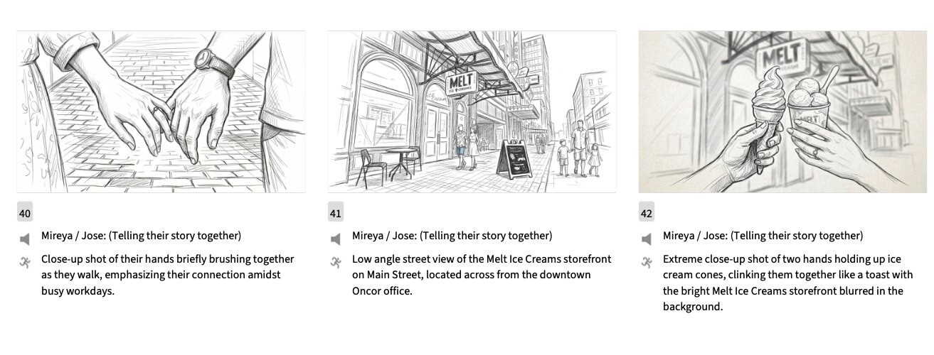 Storyboard sketches: hands brushing on a walk, a street view of an ice cream shop, two ice cream cones clinking together