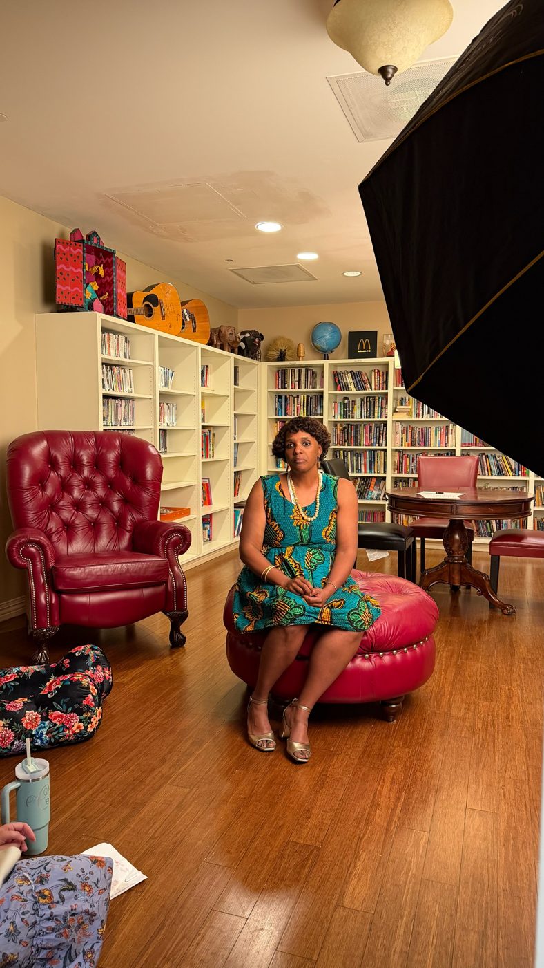 Interview set with a red chair in the library