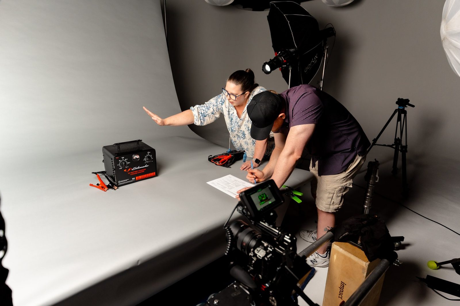 Susie Burleson directing a Schumacher battery charger product shoot