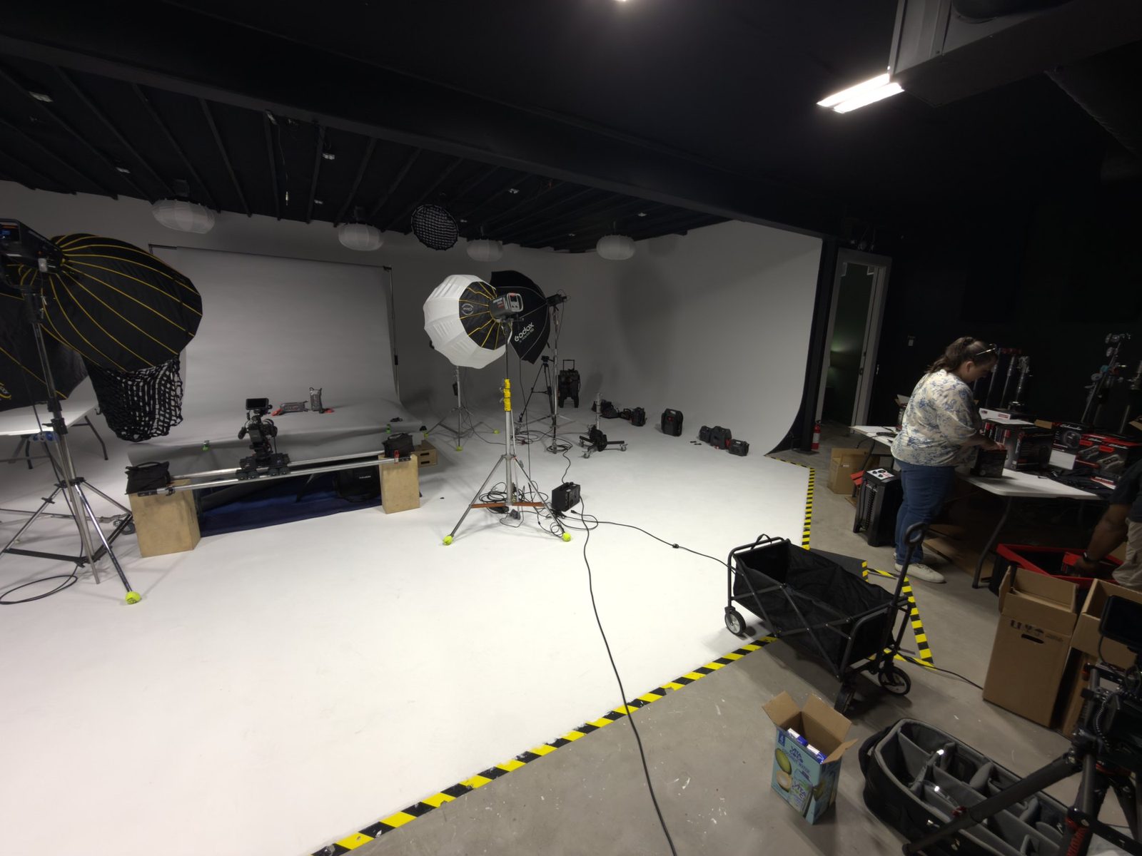 Wide view of the studio set up for the Schumacher product shoot