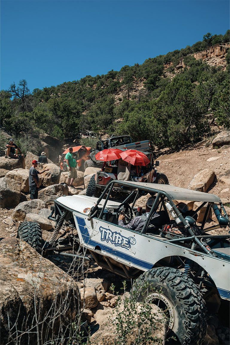 Tribe buggy climbing boulders on a forest trail