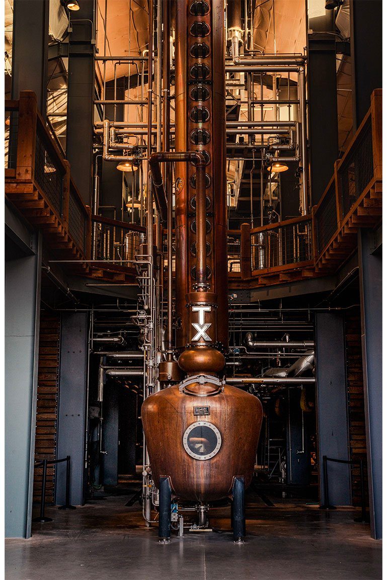 Copper still inside the TX Whiskey Ranch distillery